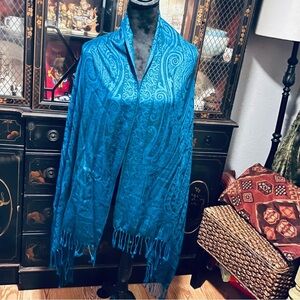 NWOT Extra Large Blue  With Black Design Scarf Rayon & Acrylic Blend 75” X 25”